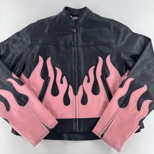 Diamond Plate Motorcycle Coat Jacket WOMENS Black Pink Flames Full Zip SIZE M